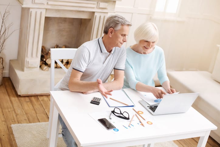 Cheerful aged couple working on business assignment together