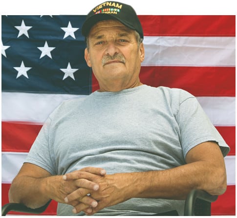 Veteran in front of American flag
