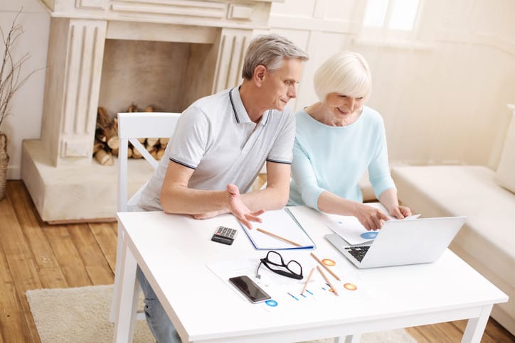 Cheerful aged couple working on business assignment together Couple looking at computer together