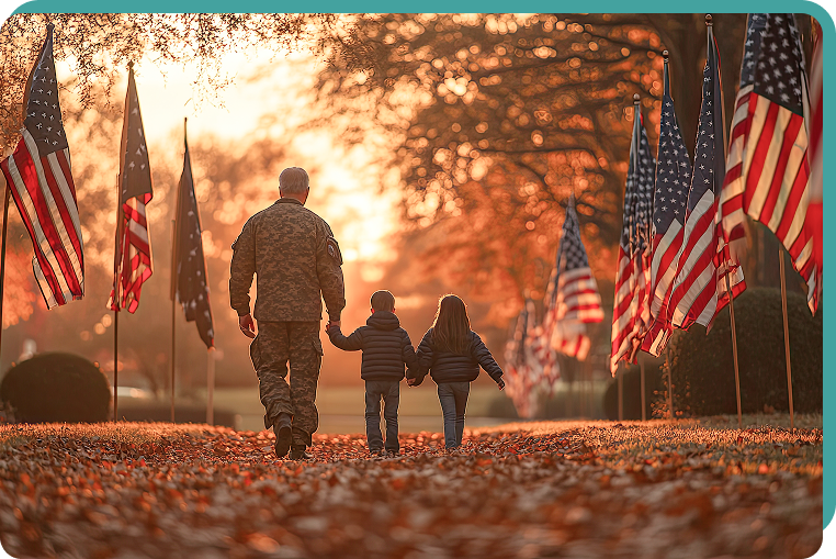 Memorial Day Tribute with Flags A soldier walking with two children among American flags during sunset, honoring military service and remembrance.