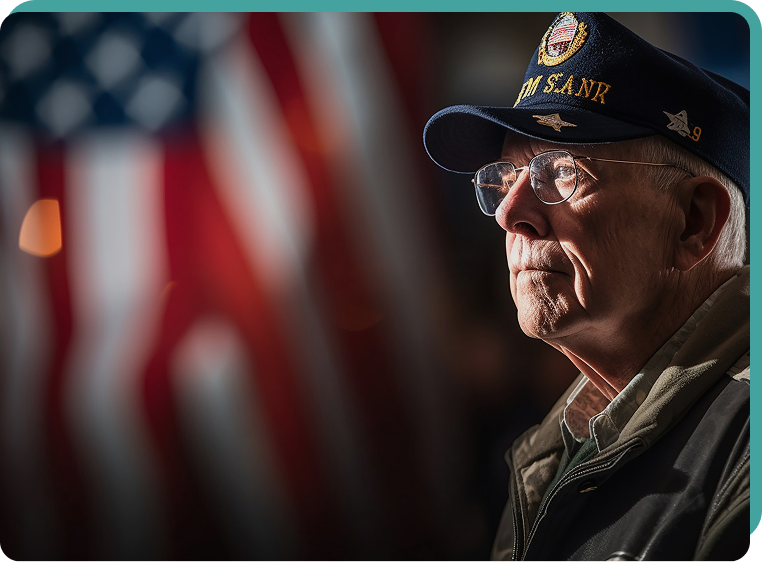 Veteran Honoring Ceremony Elderly veteran wearing a cap with military insignia, reflecting solemnity and respect during a memorial event with an American flag in the background.